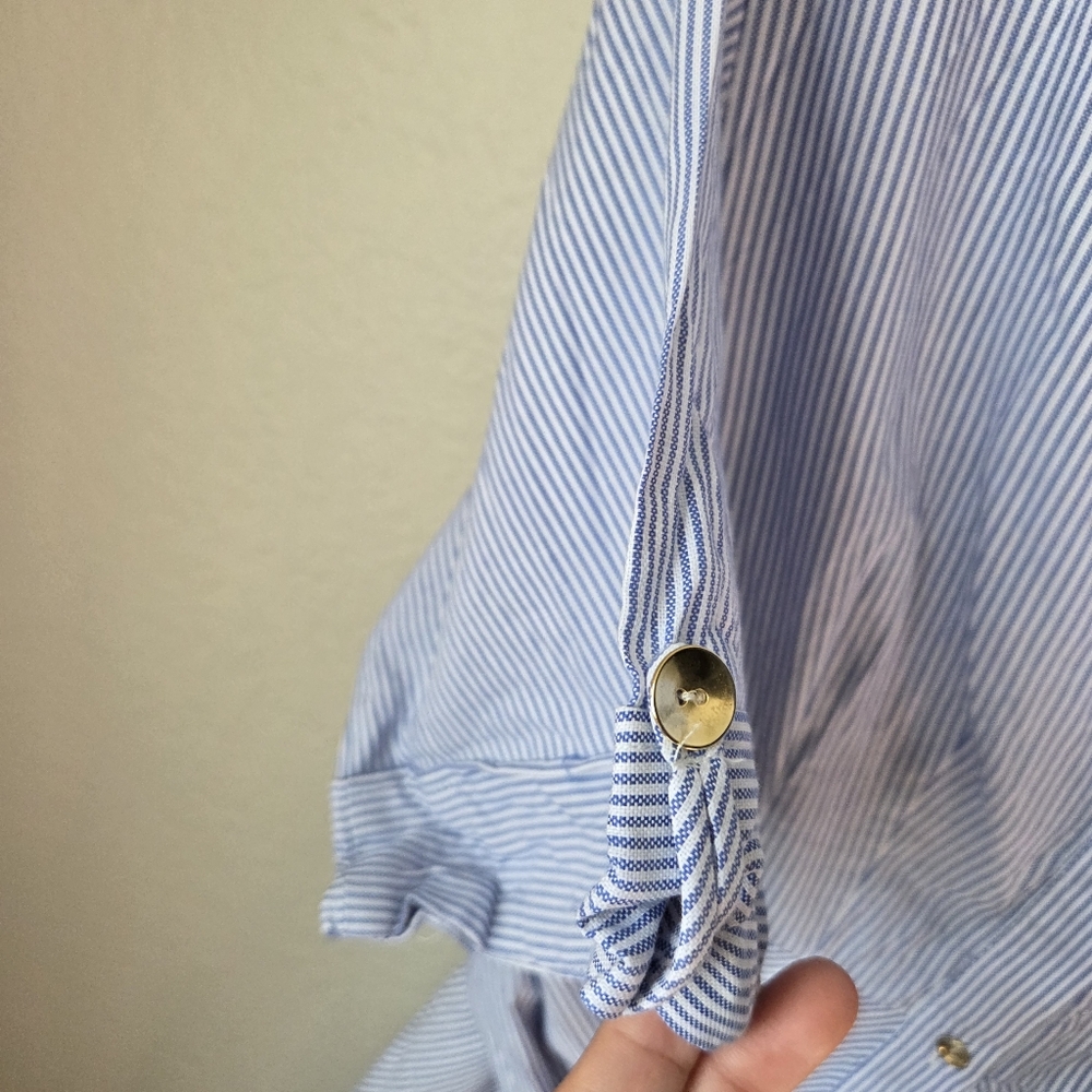 Zara Womens Blue White Striped Sz Small Buttom Collar Belted Shirt Dress - Picture 8 of 16